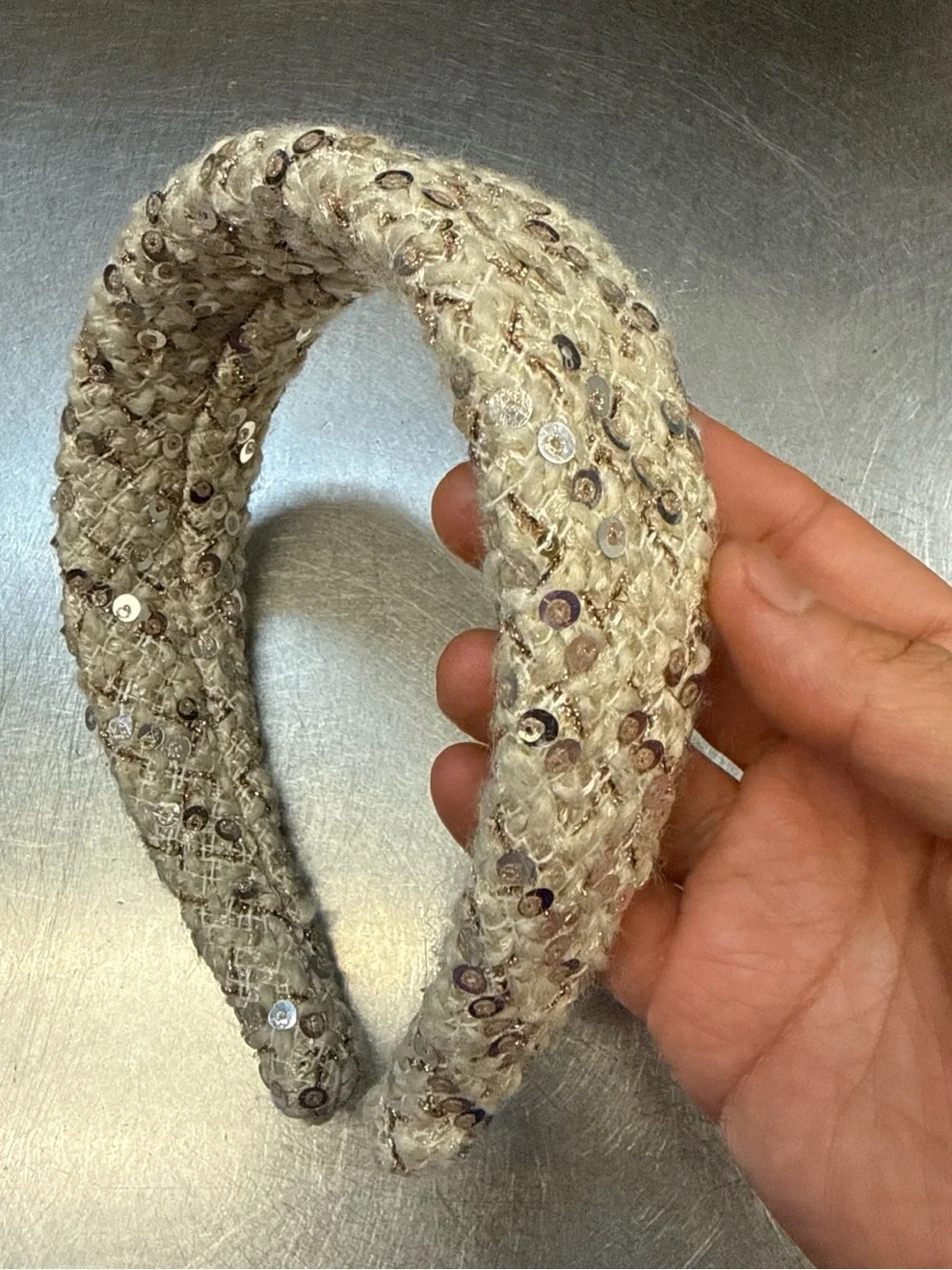 Chic Cream Sequin Tweed Padded Headband